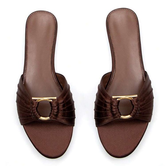 Shoes - Brown satin gold o ring detail sandal slides